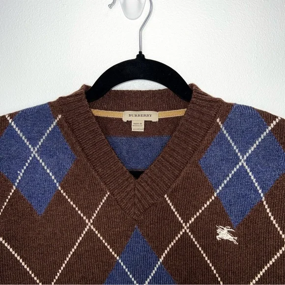 Burberry Youth Argyle V-Neck Sweater Cotton Brown Blue Diamond Striped Size 12Y - Picture 2 of 13